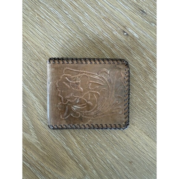 Handmade Handbags - Vintage Western Hand Tooled Leather Wallet Floral Design Brown
